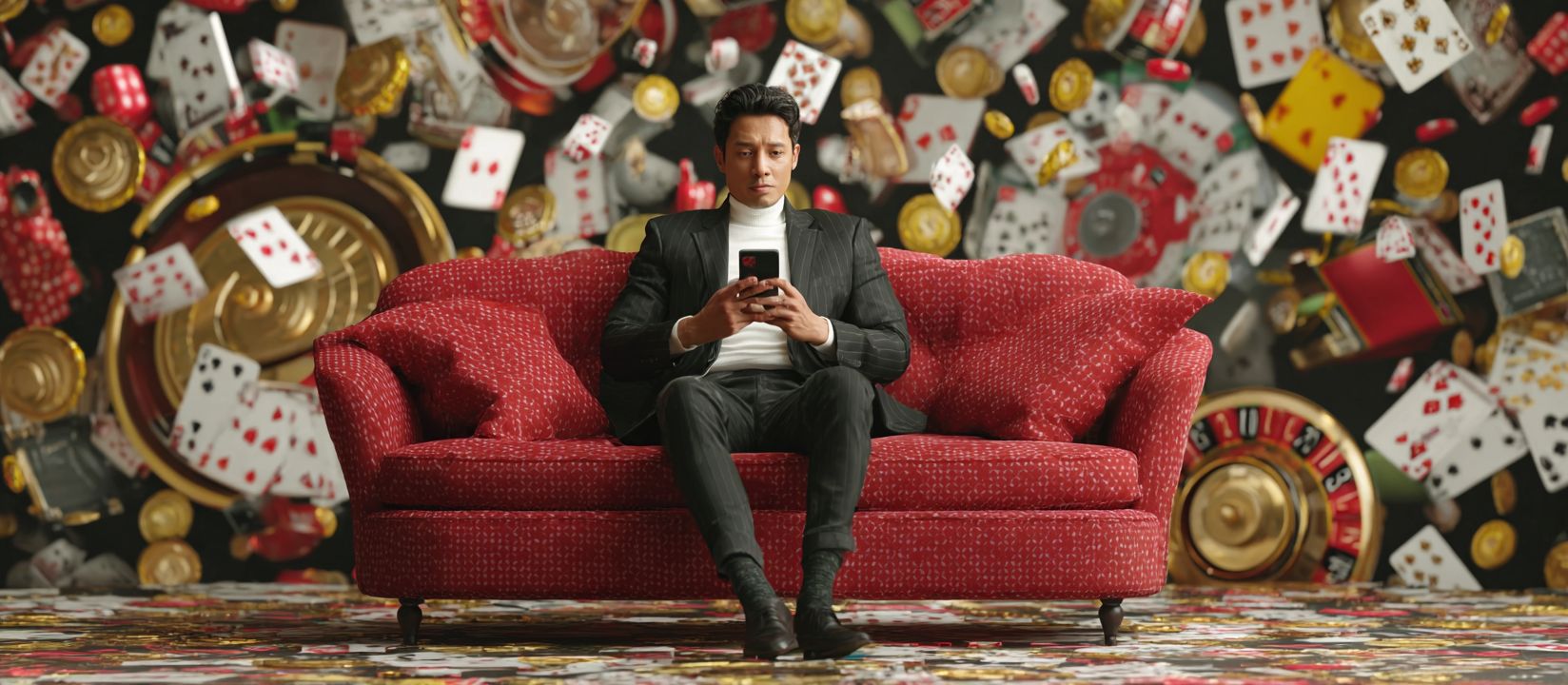 Our KKK 786 mobile app — games are always with you. A man sitting on a sofa, surrounded by flying playing cards and chips, playing on his smartphone.