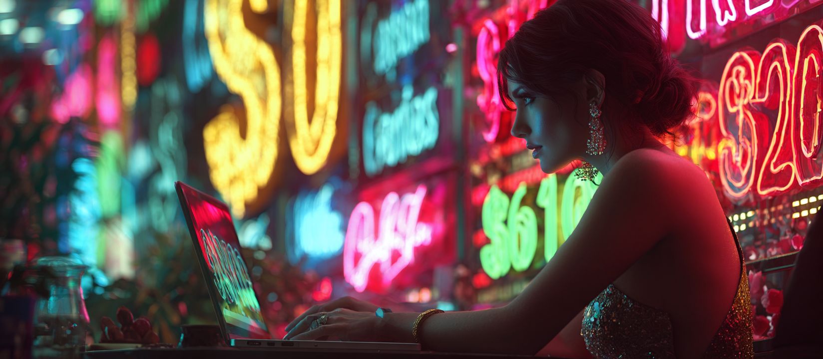 Play Aviator and win with KKK 786. A woman looking at a laptop with neon casino signs in the background.