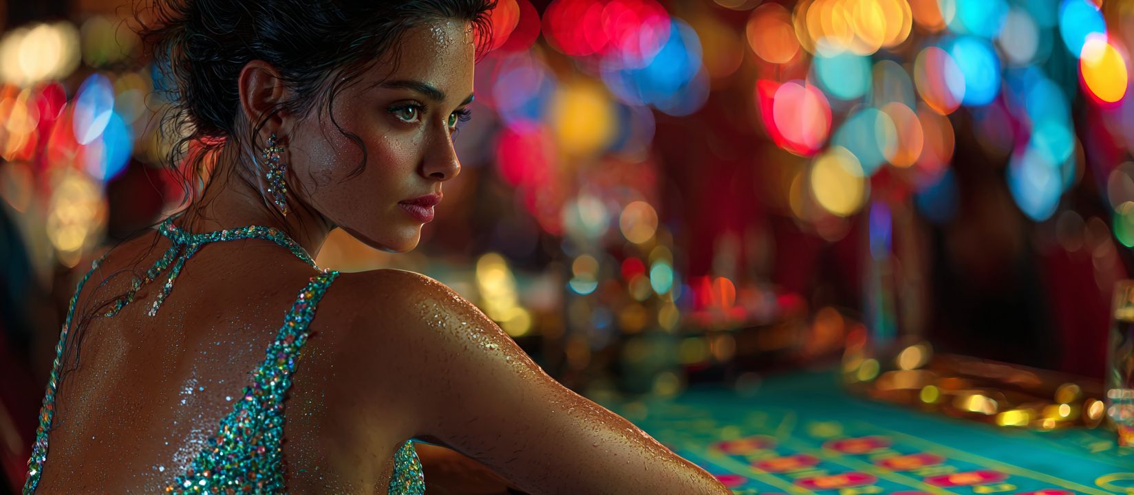 Immerse yourself in the world of gambling at KKK 786. A woman in a sparkling dress, looking intently at a casino table, with a blurry neon background.