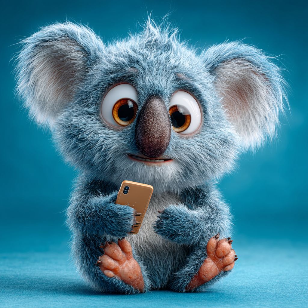 Download the KKK 786 mobile app. The fluffy KKK 786 casino koala mascot sits with a smartphone, showcasing the mobile app.