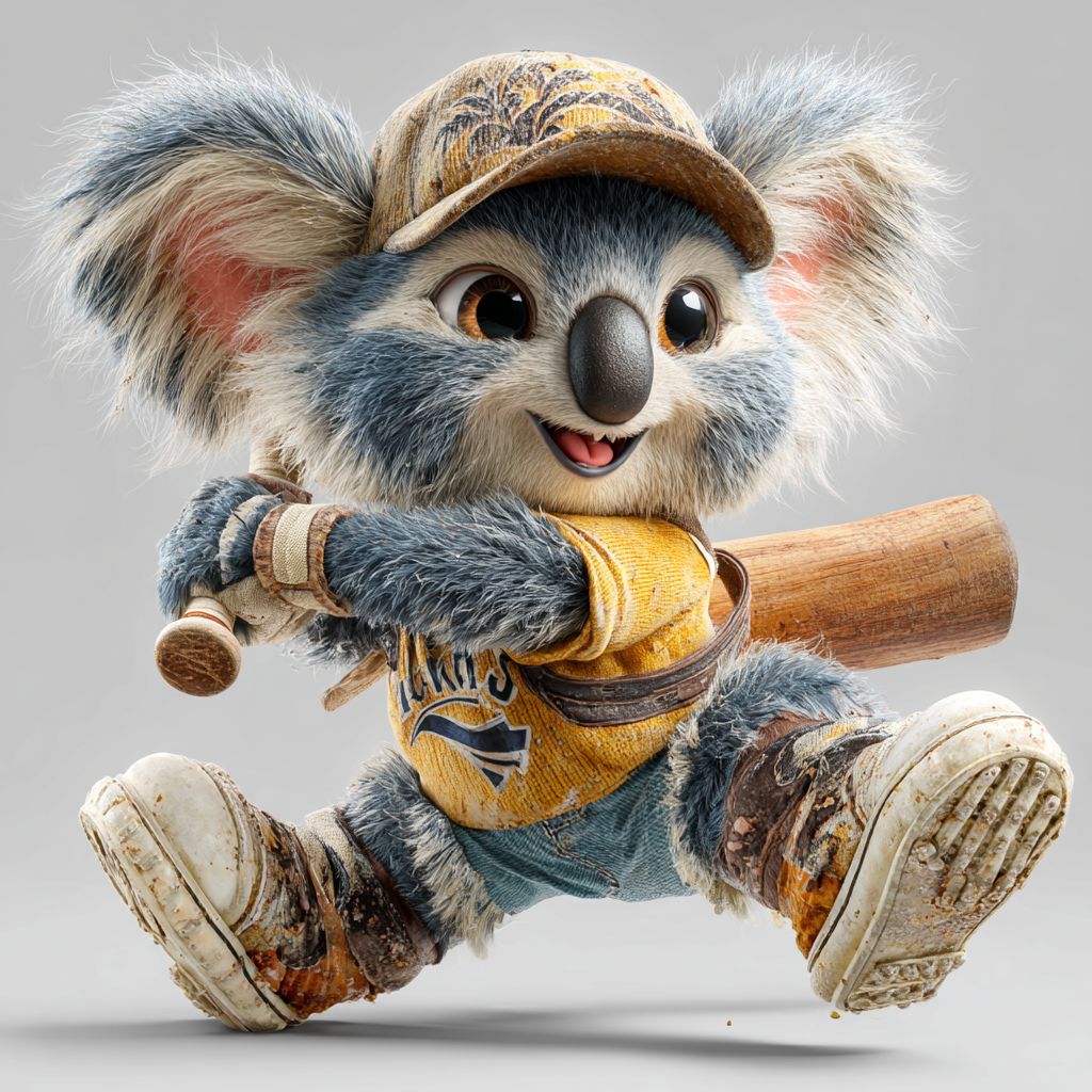 Place your sports bets at KKK 786. The KKK 786 casino koala mascot in a baseball cap and uniform, holding a bat.