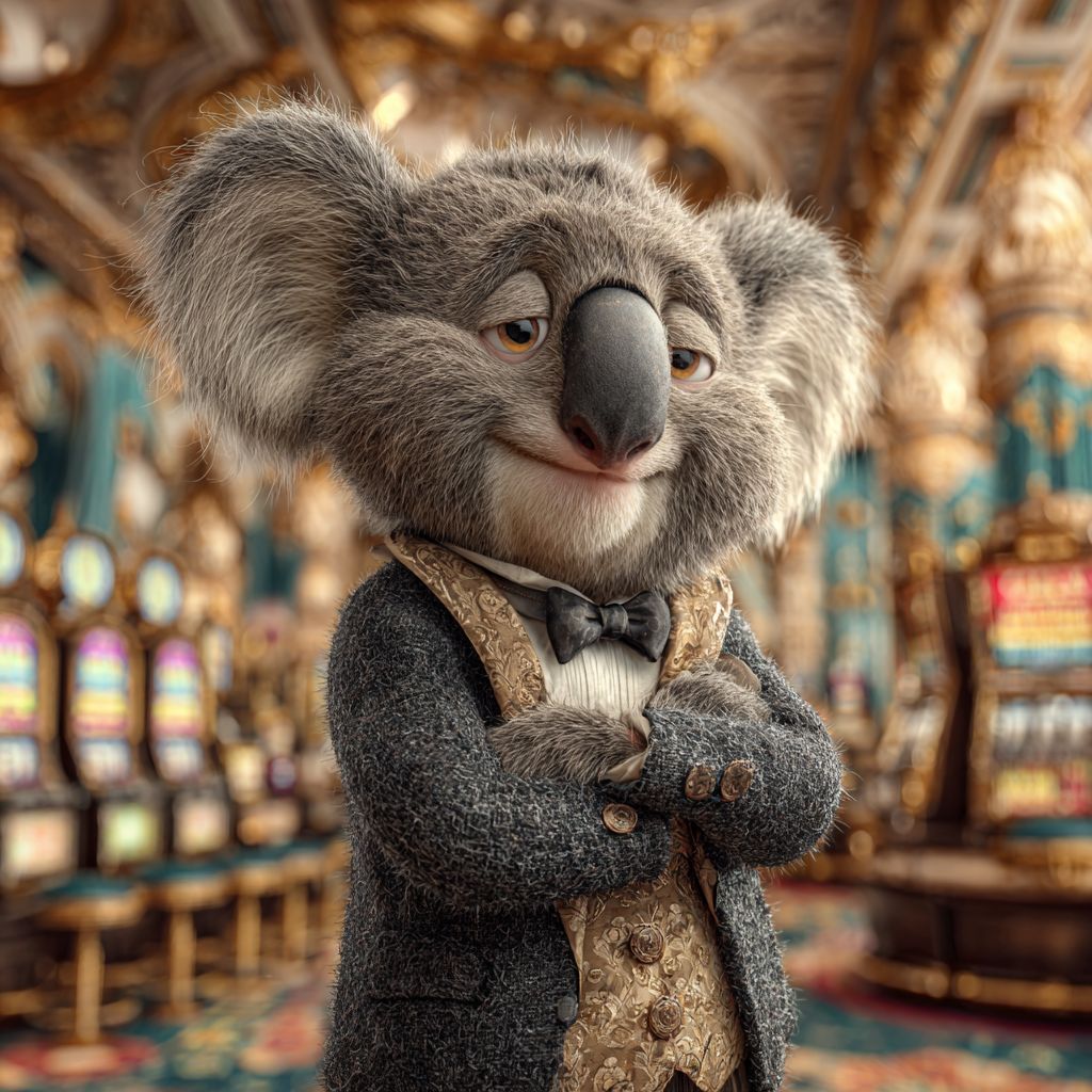 Enjoy the atmosphere of KKK 786 casino. The KKK 786 casino koala mascot in an elegant suit, standing against a backdrop of slot machines.