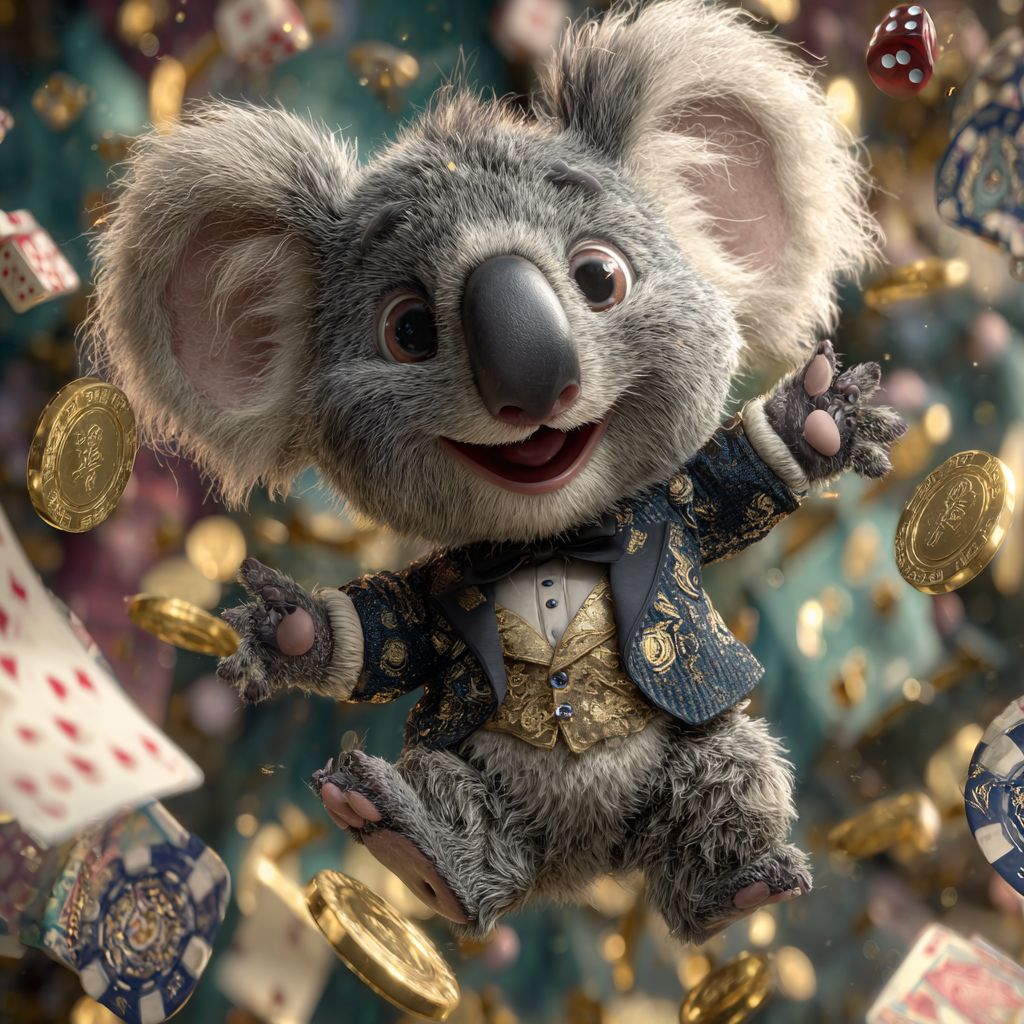 Discover the world of KKK 786 games. The KKK 786 casino koala mascot jumps among playing cards, chips, and gold coins.