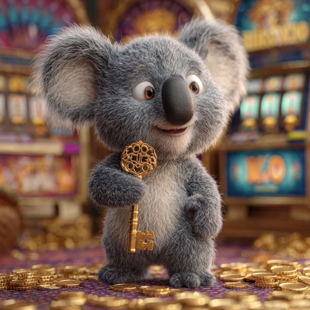 The key to your KKK 786 account. The KKK 786 casino koala mascot holds a large golden key, standing on a pile of coins.