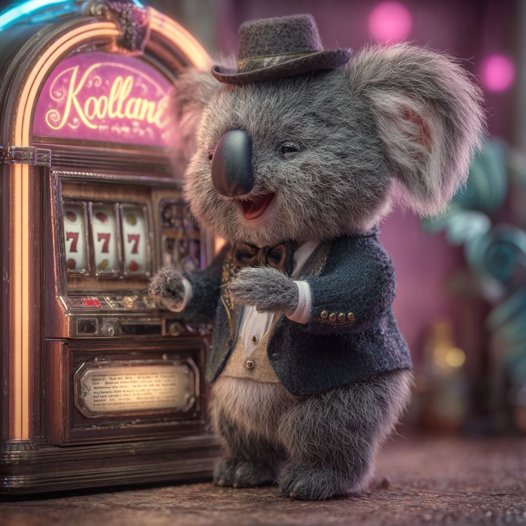 Spin the reels and win the jackpot at KKK 786 slots. The KKK 786 casino koala mascot in a hat and suit stands next to a slot machine.