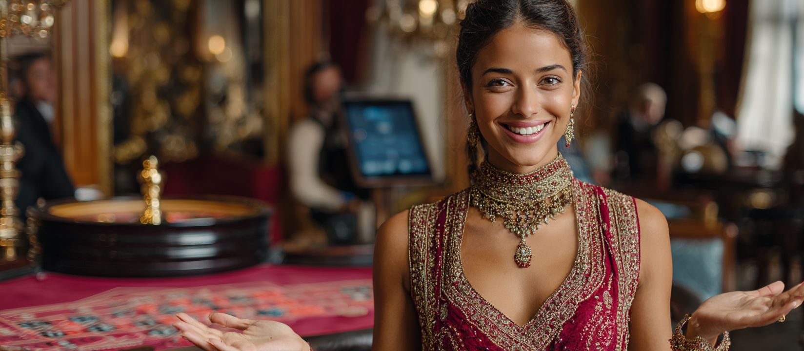 Log in to your KKK 786 account. A smiling woman in traditional jewelry, with her arms outstretched, inviting people into the casino.