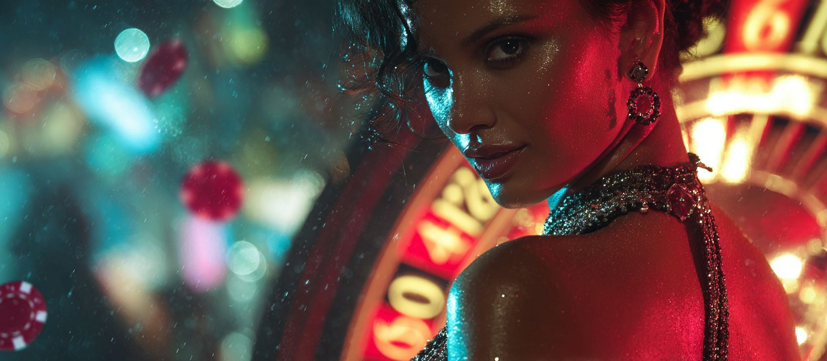 Unlock a world of excitement and big wins at KKK 786. A woman in a luxurious dress, looking directly at the viewer, against a backdrop of a neon roulette wheel.