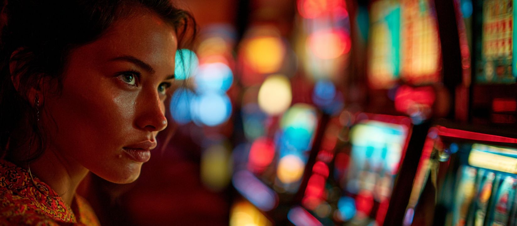 Try your luck at the KKK 786 slots. A woman looks at the bright, neon lights of slot machines in a casino.