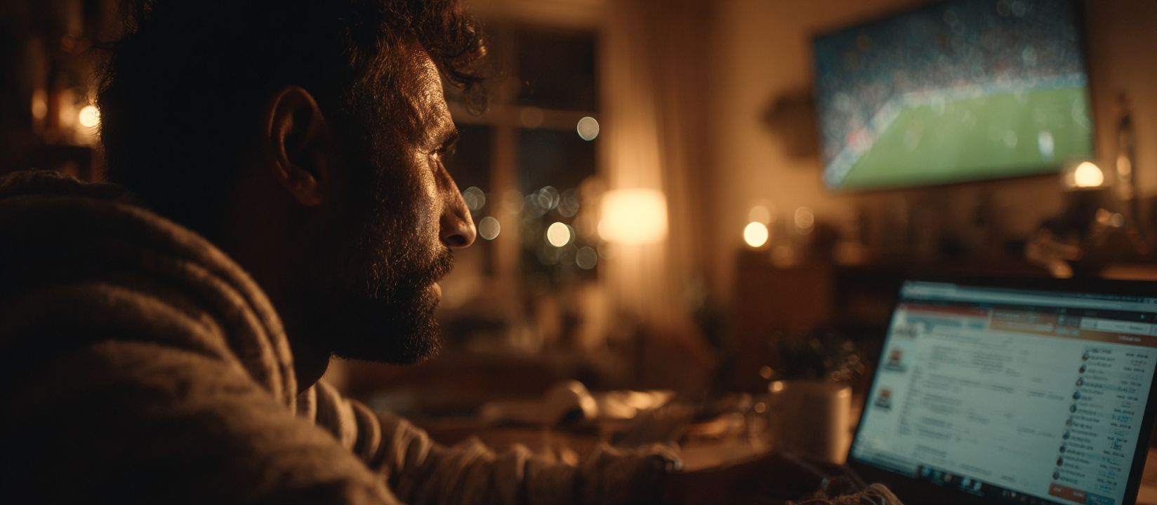 Place your sports bets at KKK 786. A man watching a sports match on TV and placing bets on his laptop.